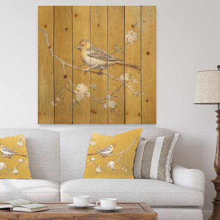Gold Bird on Blossoms I - Farmhouse Print on Natural Pine Wood