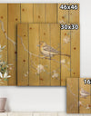 Gold Bird on Blossoms I - Farmhouse Print on Natural Pine Wood