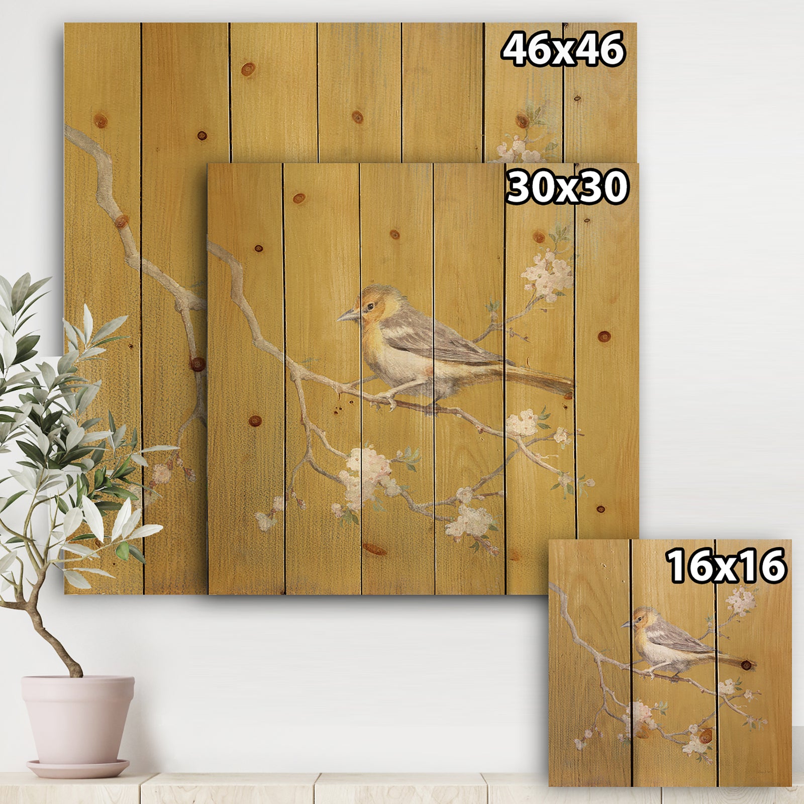 Gold Bird on Blossoms I - Farmhouse Print on Natural Pine Wood