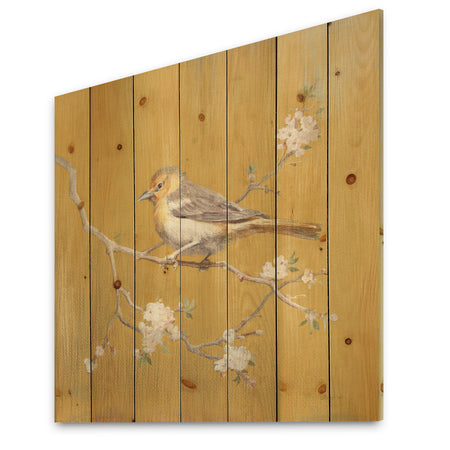 Gold Bird on Blossoms I - Farmhouse Print on Natural Pine Wood