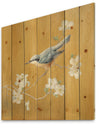 Gold Bird on Blossoms II - Farmhouse Print on Natural Pine Wood