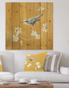 Gold Bird on Blossoms II - Farmhouse Print on Natural Pine Wood