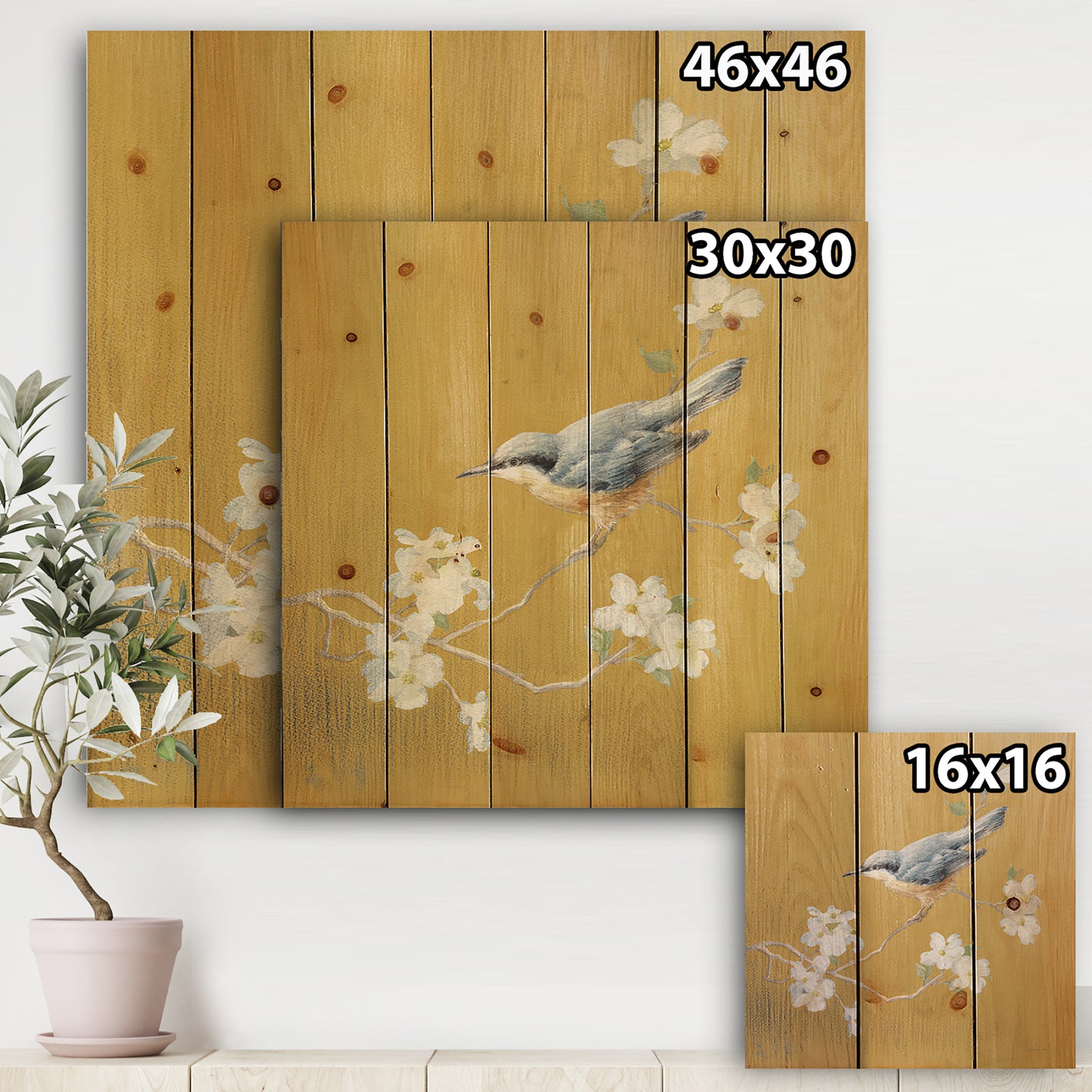 Gold Bird on Blossoms II - Farmhouse Print on Natural Pine Wood