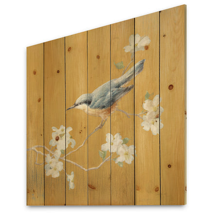 Gold Bird on Blossoms II - Farmhouse Print on Natural Pine Wood