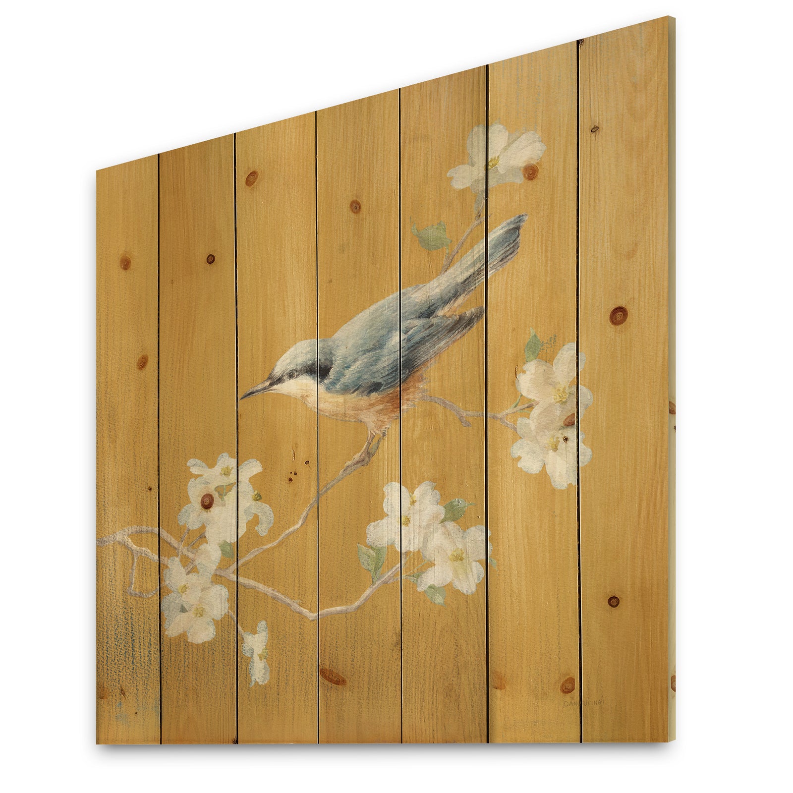 Gold Bird on Blossoms II - Farmhouse Print on Natural Pine Wood