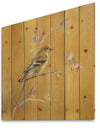 Gold Bird on Blossoms III - Farmhouse Print on Natural Pine Wood