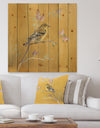 Gold Bird on Blossoms III - Farmhouse Print on Natural Pine Wood