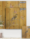 Gold Bird on Blossoms III - Farmhouse Print on Natural Pine Wood