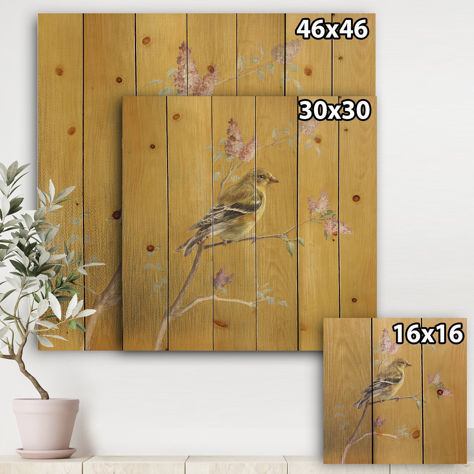 Gold Bird on Blossoms III - Farmhouse Print on Natural Pine Wood
