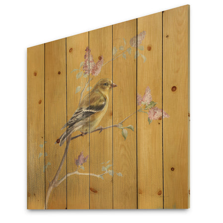 Gold Bird on Blossoms III - Farmhouse Print on Natural Pine Wood