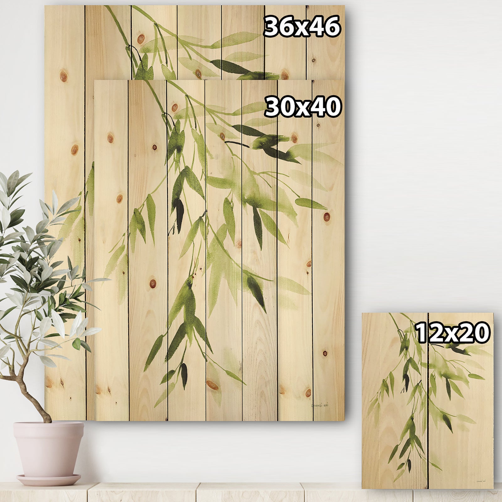 Simplist Bamboo Leaves I - Lake House Print on Natural Pine Wood
