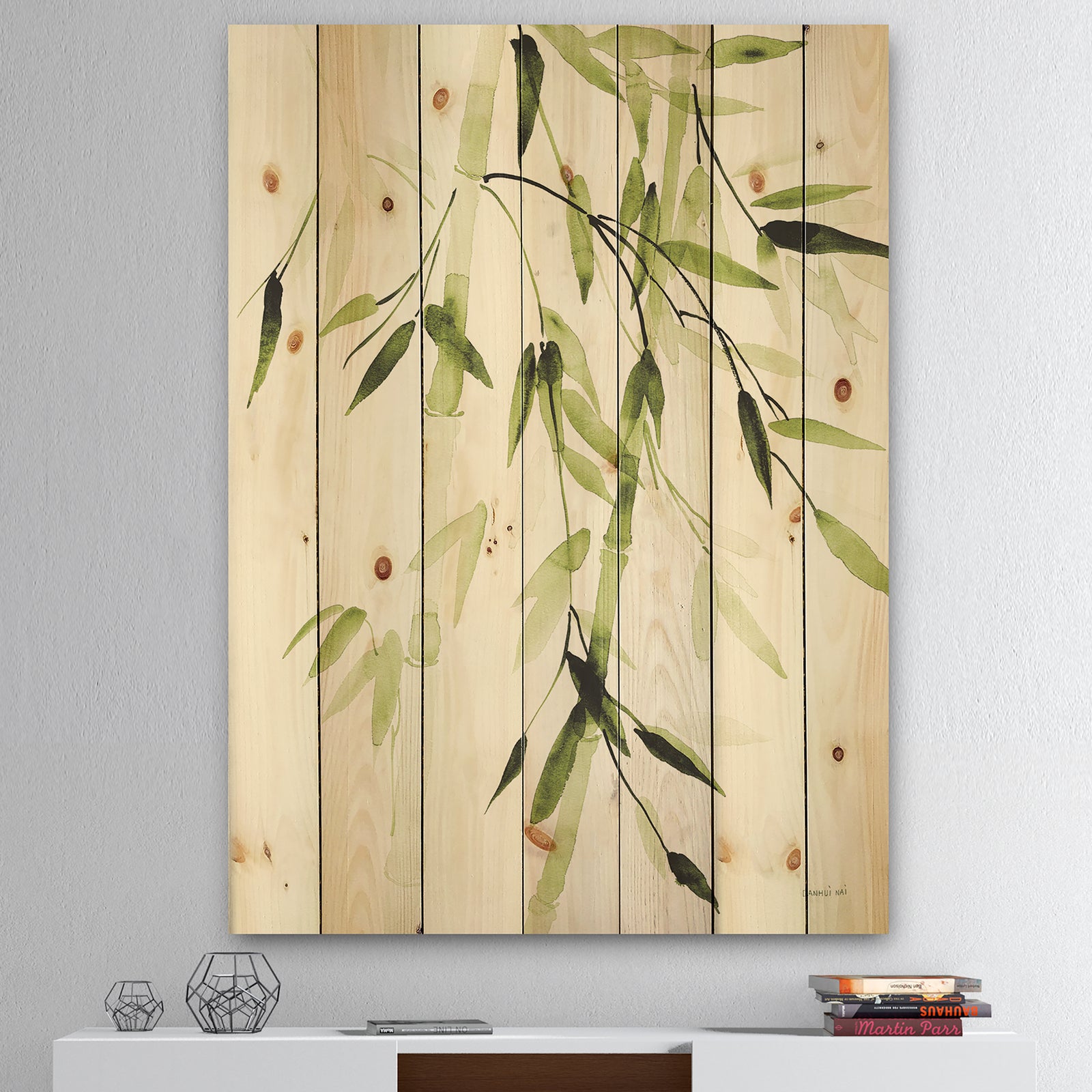 Simplist Bamboo Leaves II - Lake House Print on Natural Pine Wood