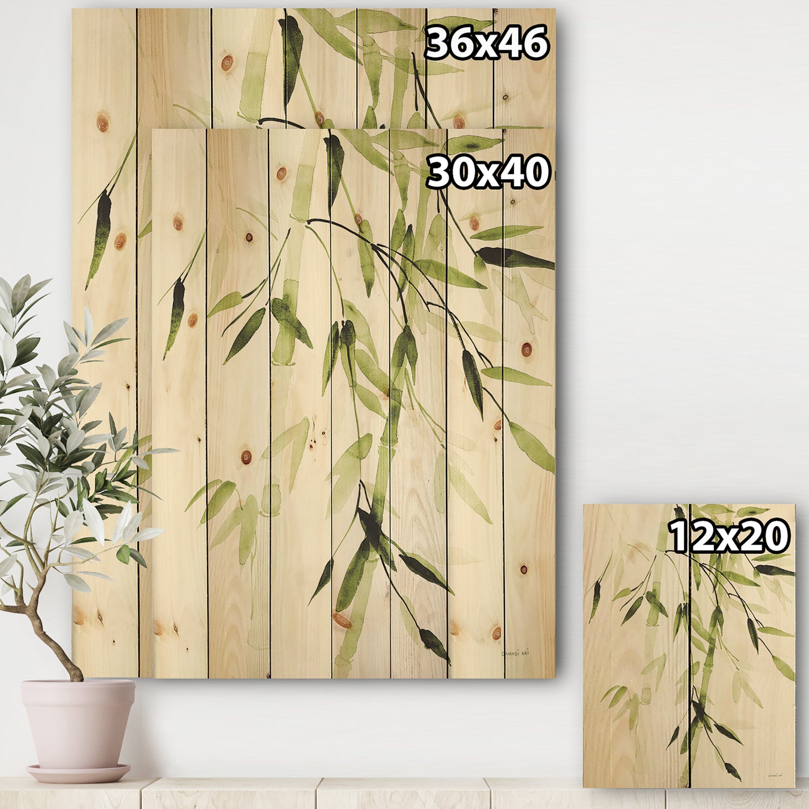 Simplist Bamboo Leaves II - Lake House Print on Natural Pine Wood