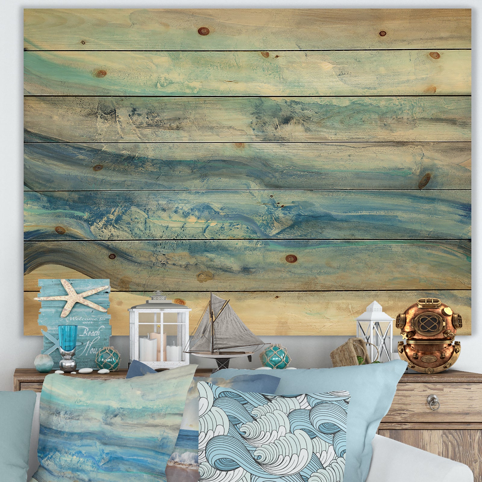 Ocean Mineral Waves - Nautical & Coastal Print on Natural Pine Wood