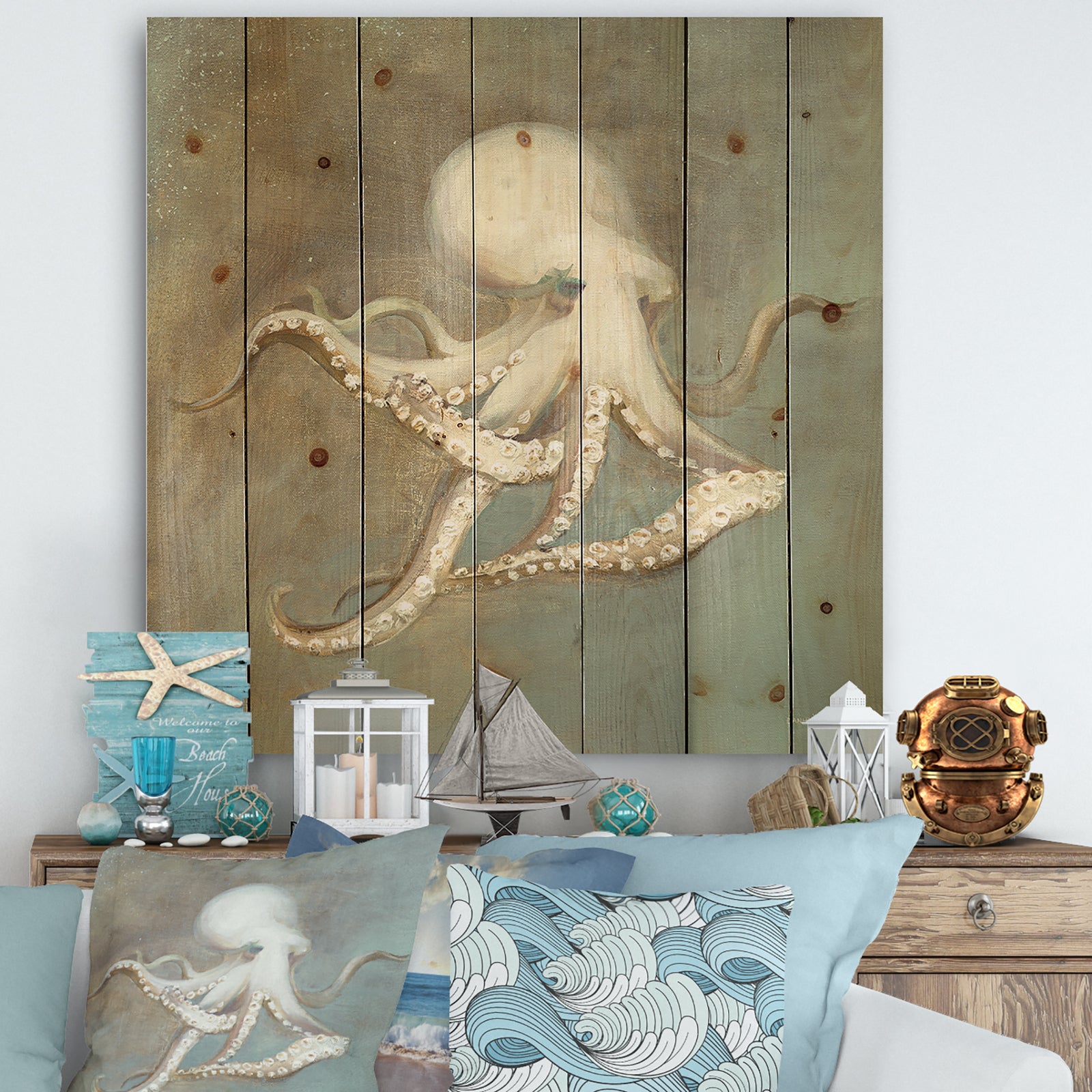 Octopus Treasures from the Sea - Nautical & Coastal Print on Natural Pine Wood