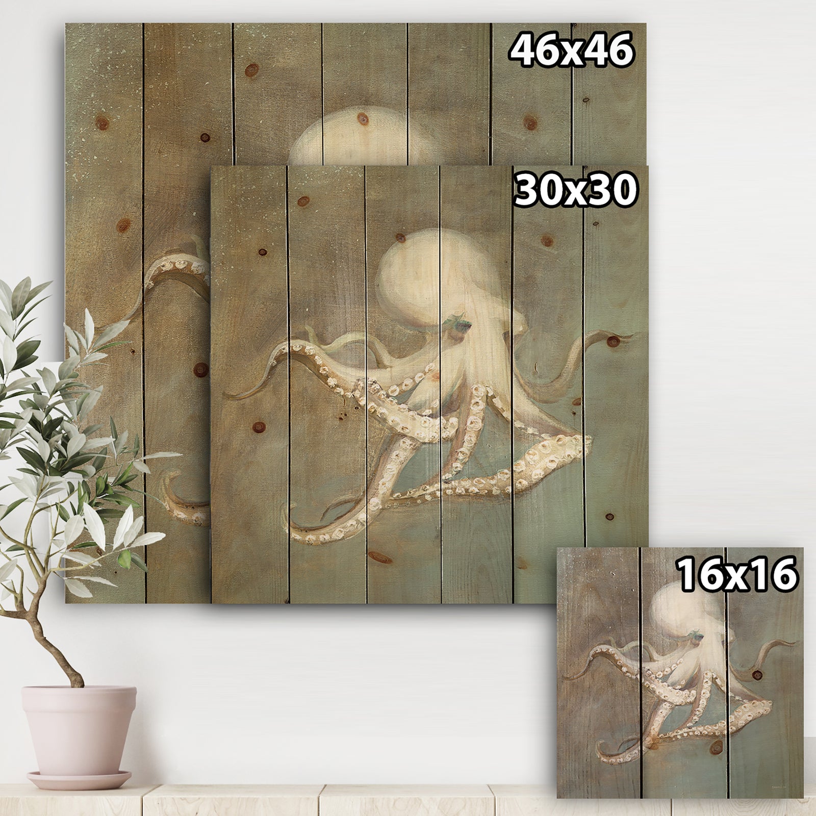 Octopus Treasures from the Sea - Nautical & Coastal Print on Natural Pine Wood