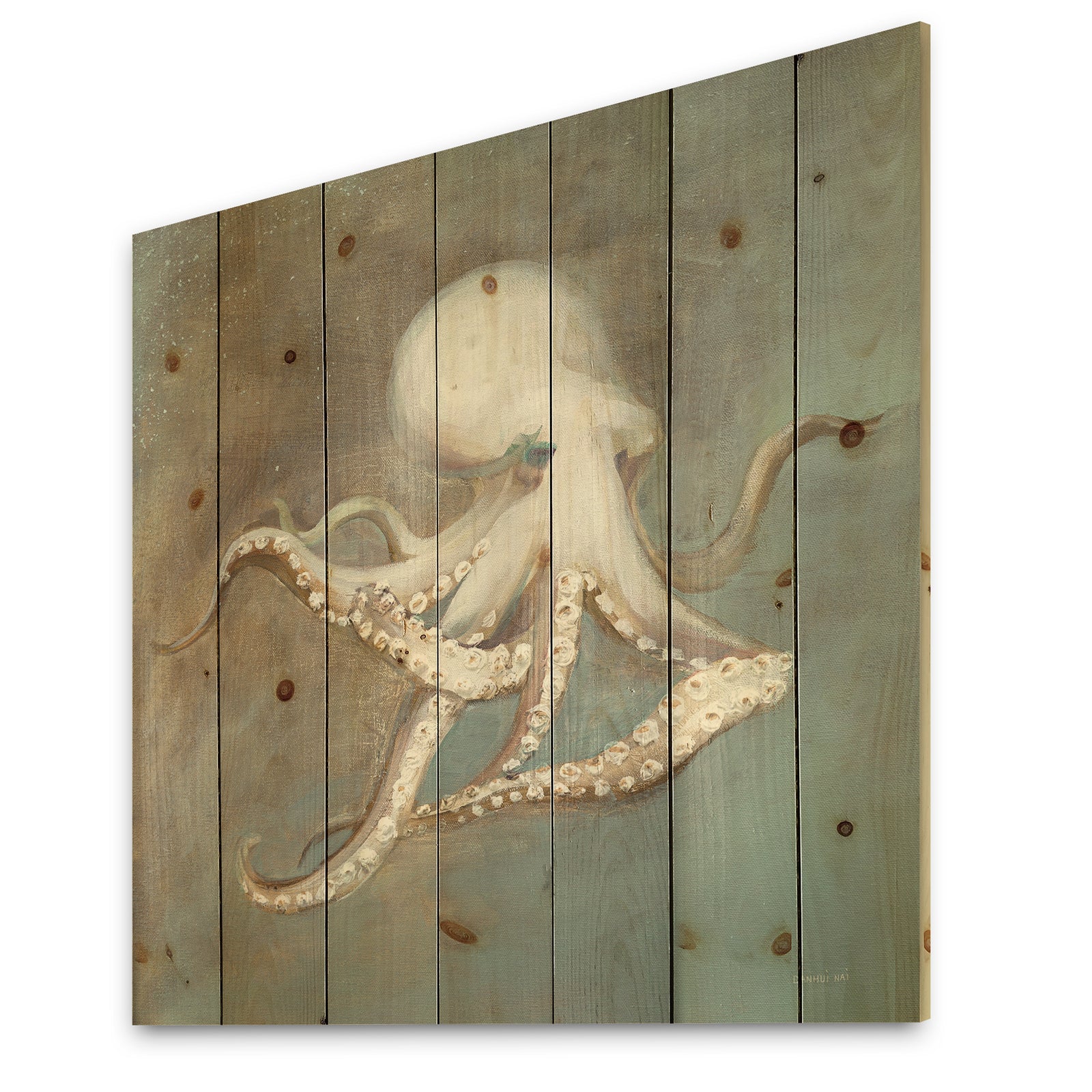 Octopus Treasures from the Sea - Nautical & Coastal Print on Natural Pine Wood