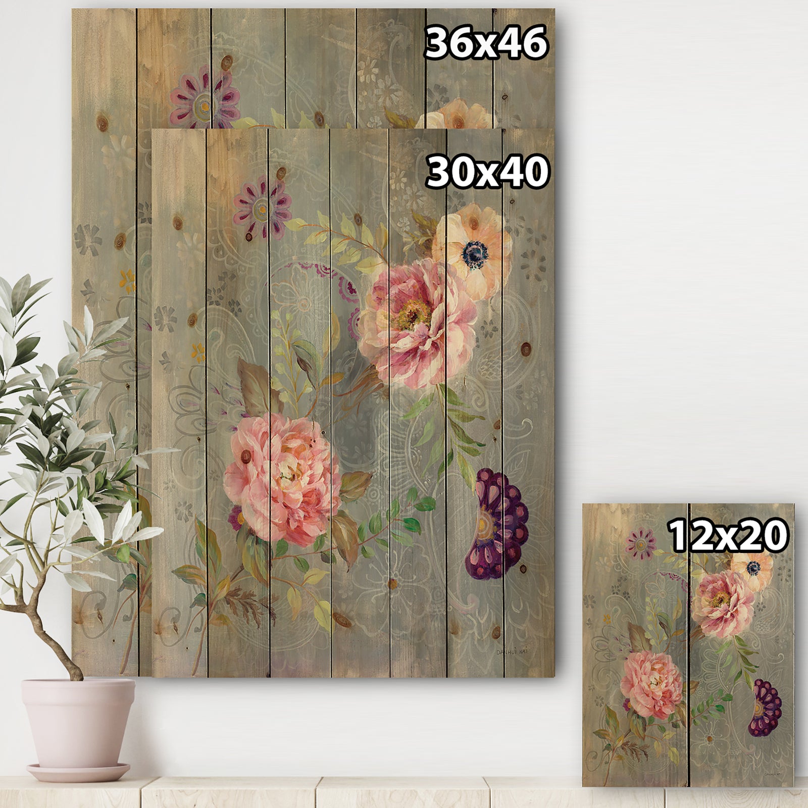 Peonies and Paisley - Cabin & Lodge Print on Natural Pine Wood
