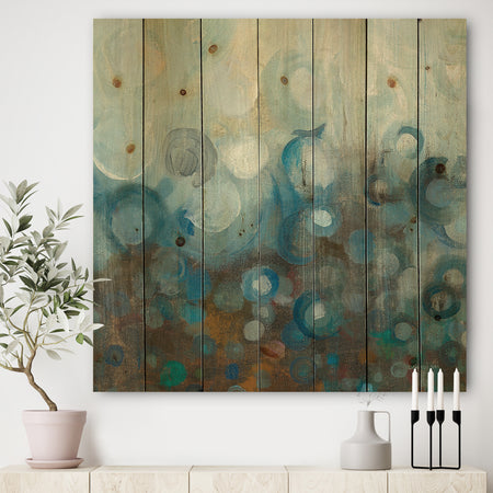 Blue and Bronze Dots on Glass I - Modern & Contemporary Print on Natural Pine Wood