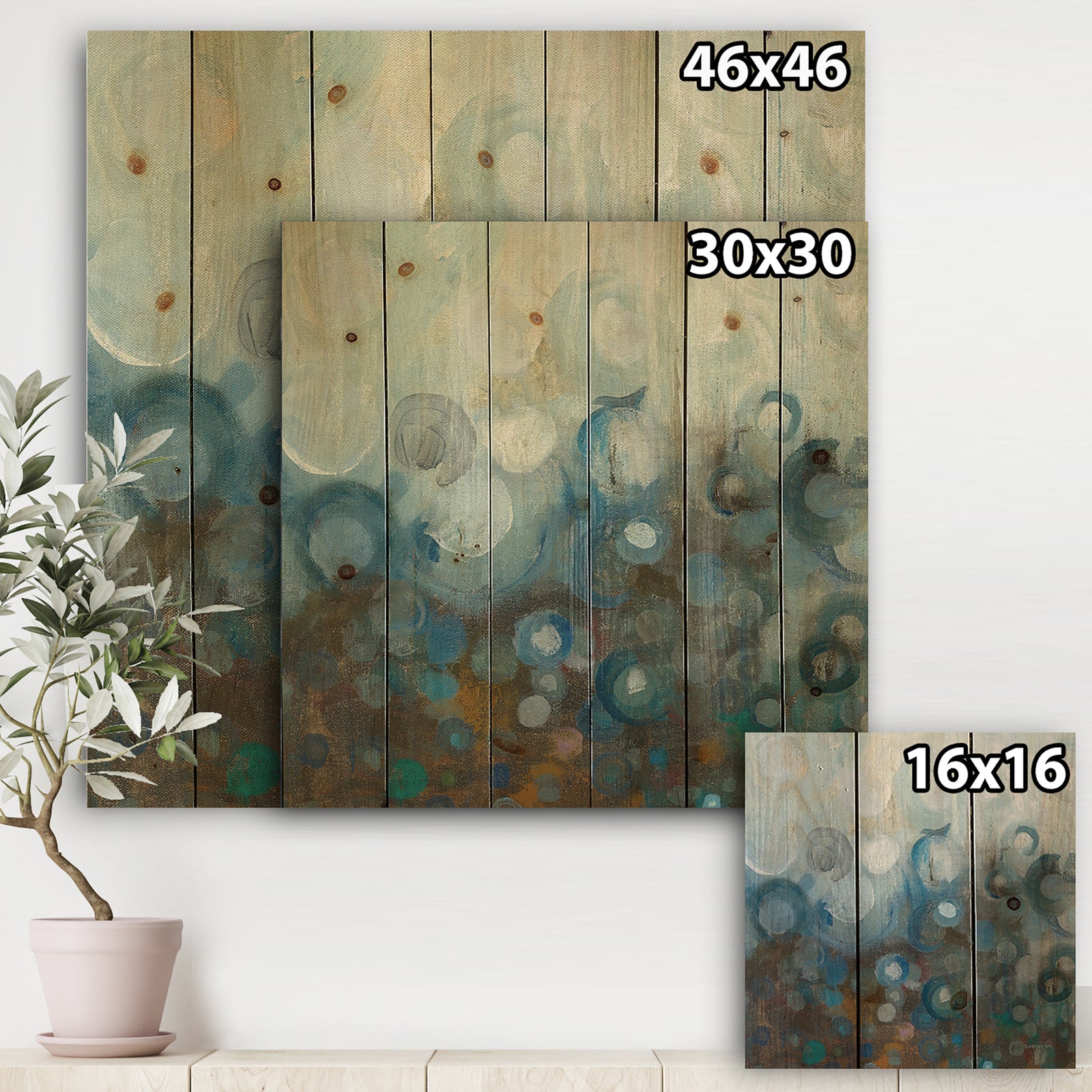 Blue and Bronze Dots on Glass I - Modern & Contemporary Print on Natural Pine Wood