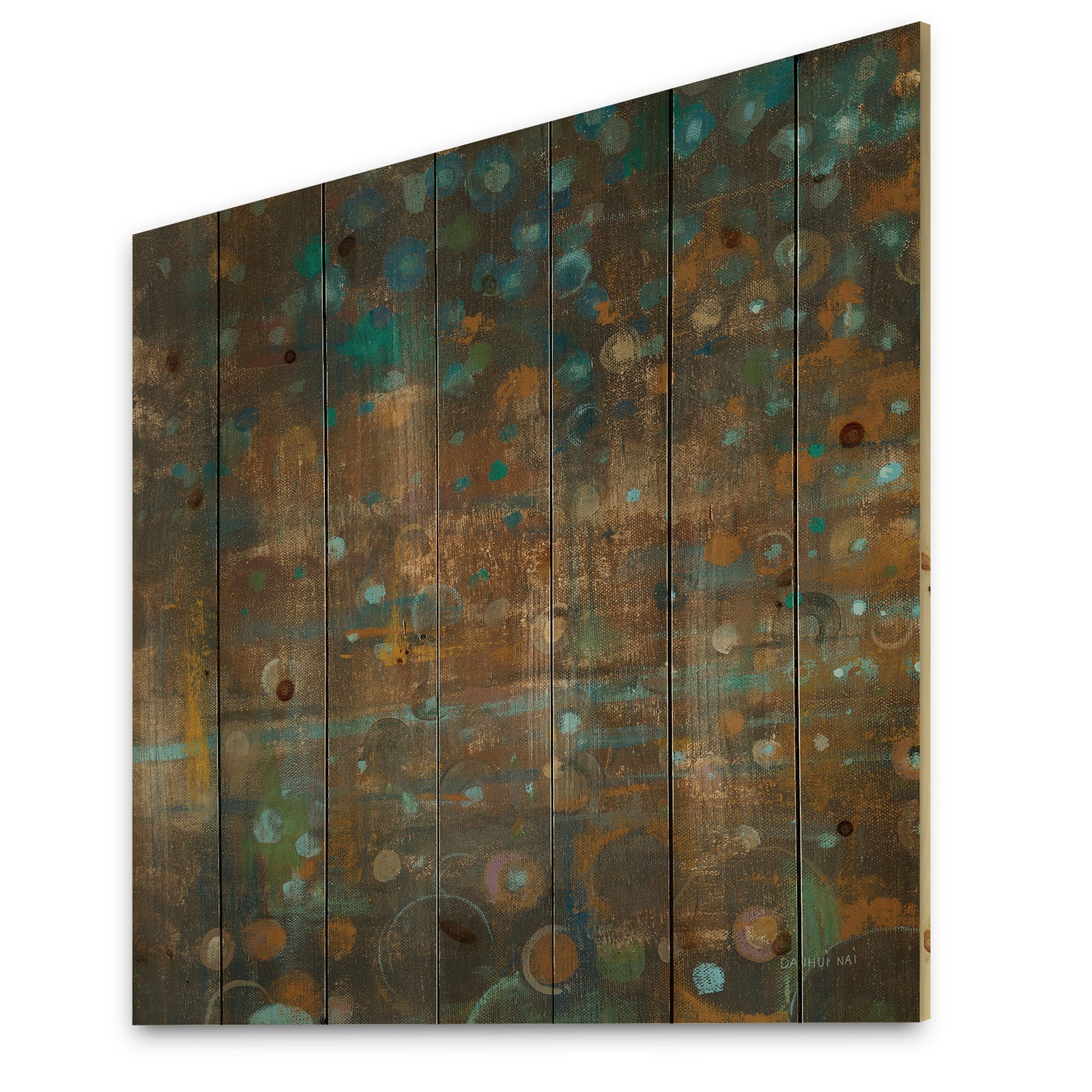 Blue and Bronze Dots on Glass III - Cabin & Lodge Print on Natural Pine Wood