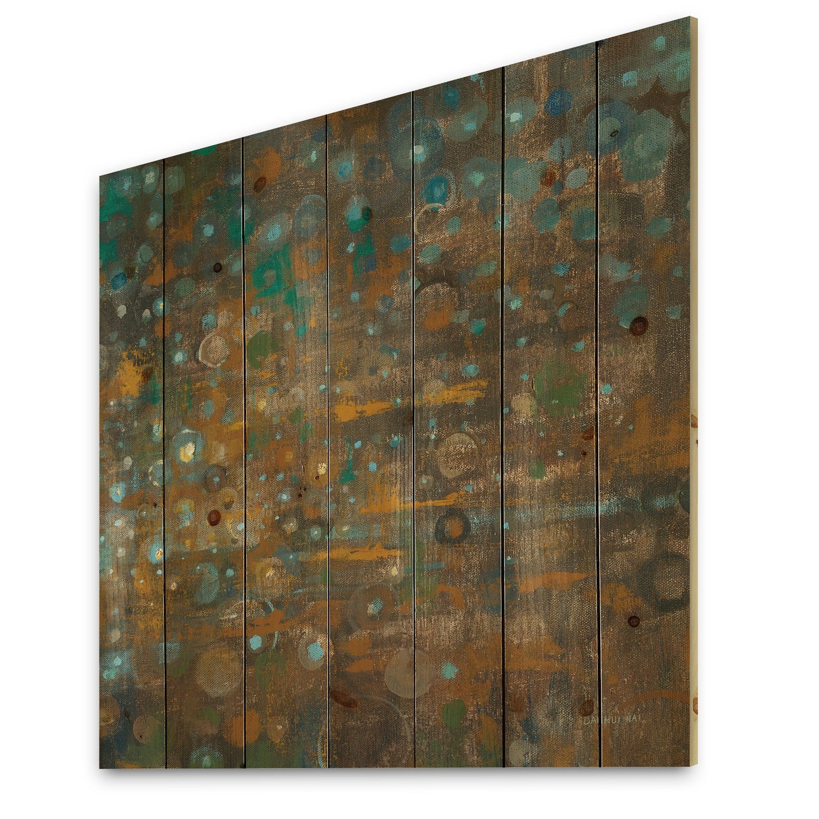 Blue and Bronze Dots on Glass IV - Cabin & Lodge Print on Natural Pine Wood