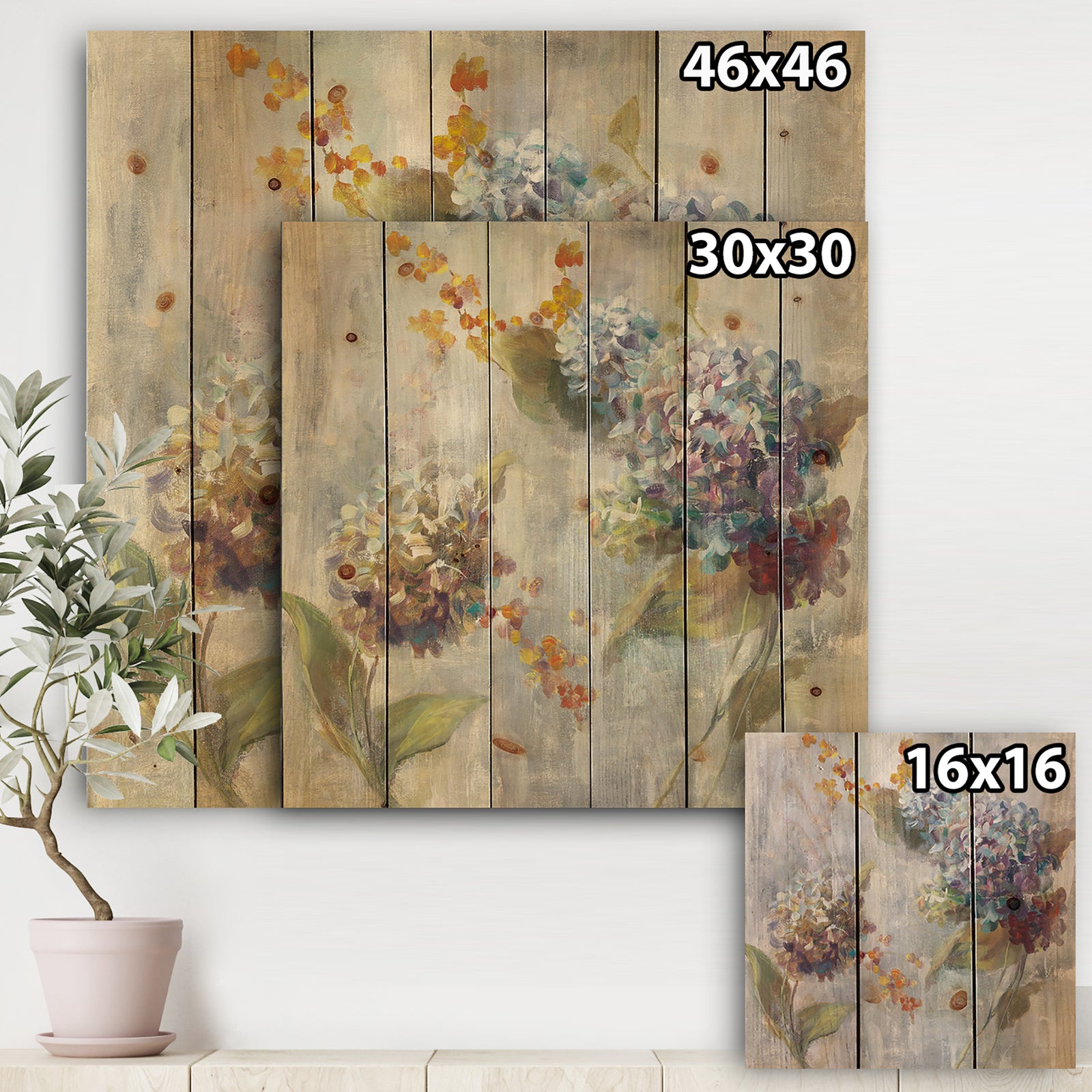 Autumn Hydrangea - Traditional Print on Natural Pine Wood