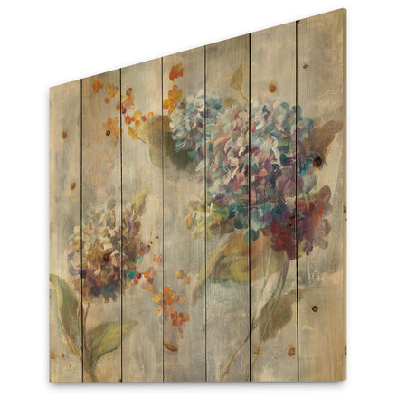 Autumn Hydrangea - Traditional Print on Natural Pine Wood