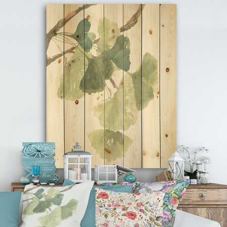 Watercolor Gingko Leaves I - Cabin & Lodge Print on Natural Pine Wood
