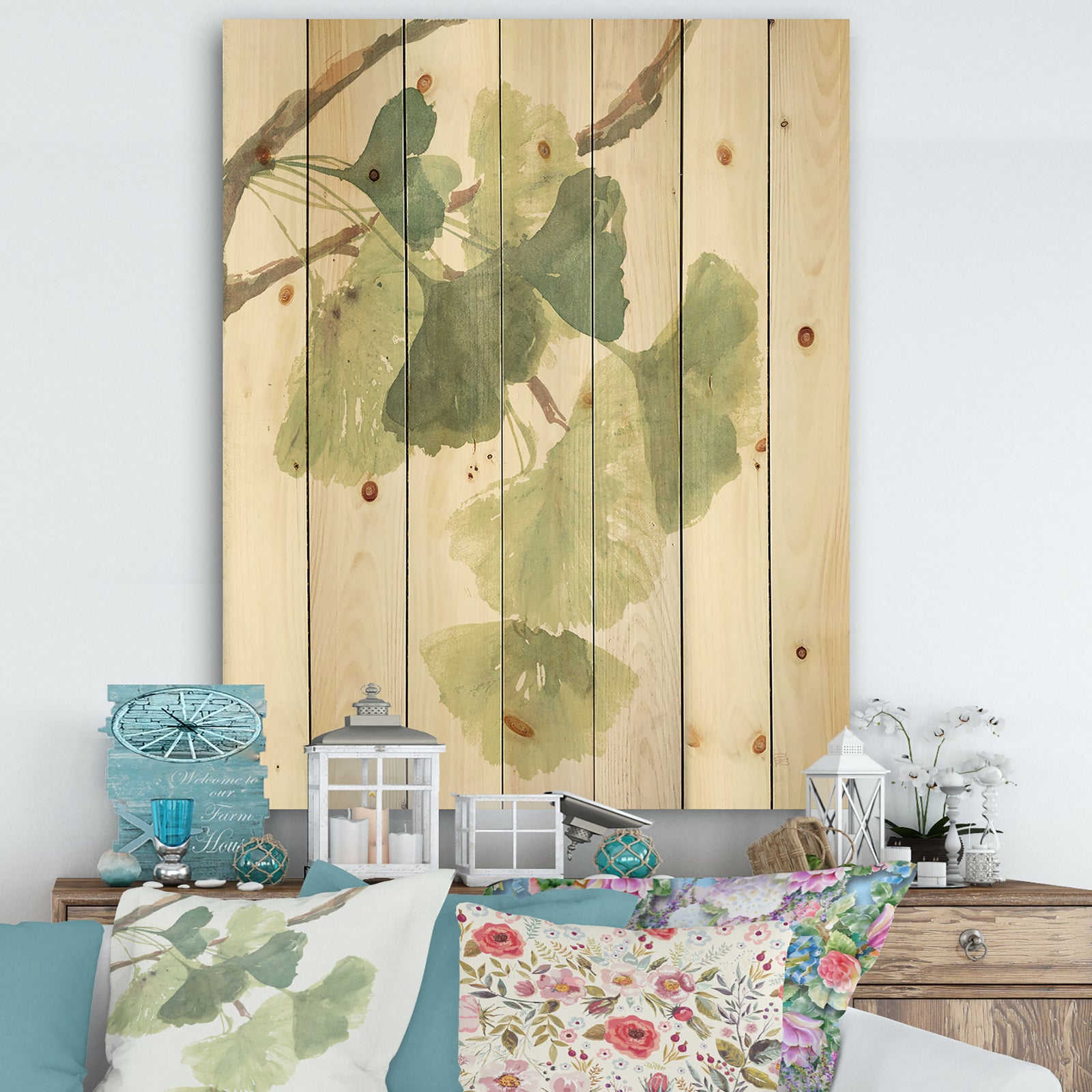 Watercolor Gingko Leaves I - Cabin & Lodge Print on Natural Pine Wood