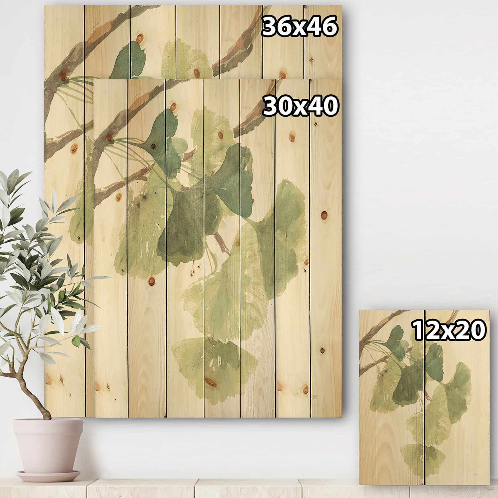 Watercolor Gingko Leaves I - Cabin & Lodge Print on Natural Pine Wood