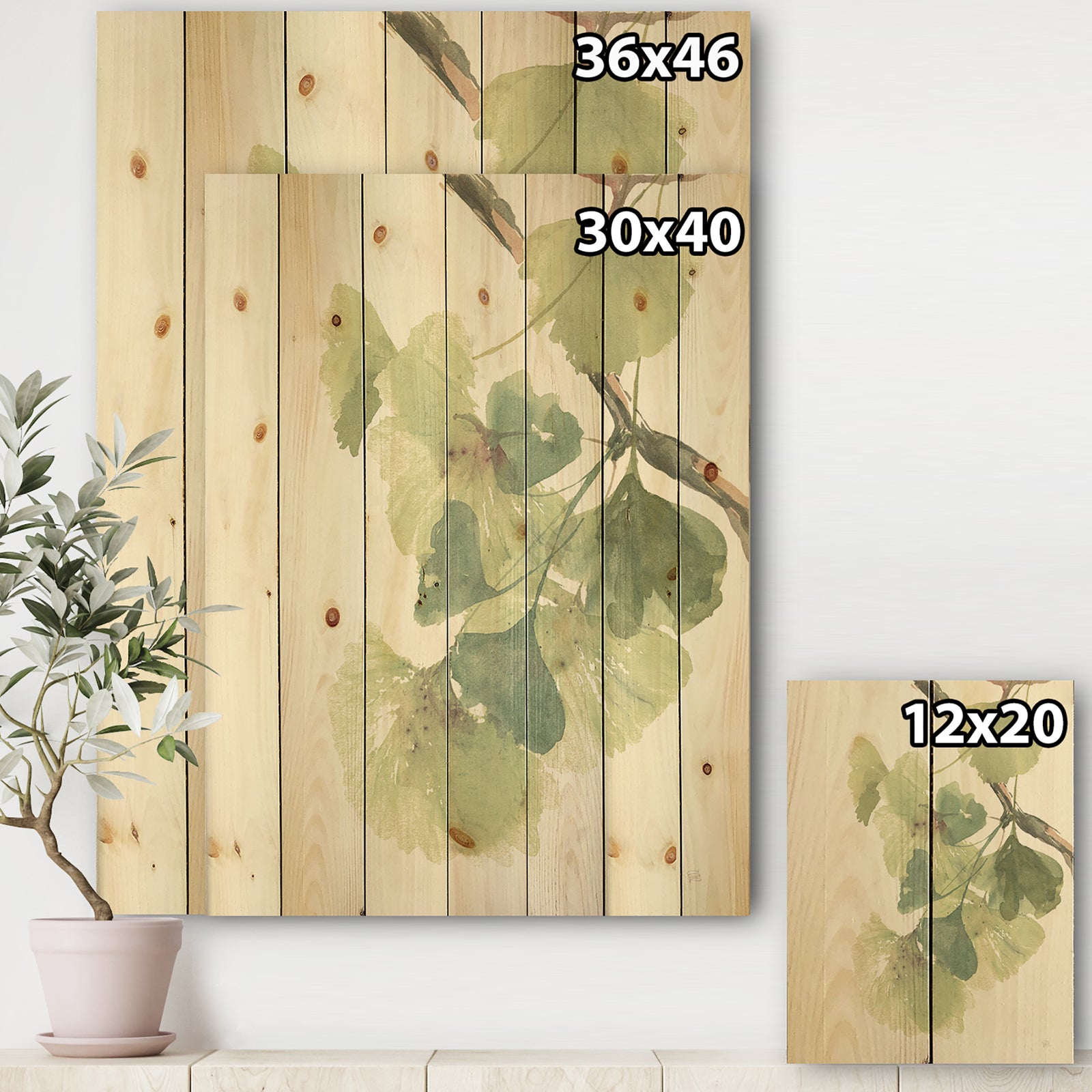 Watercolor Gingko Leaves II - Cabin & Lodge Print on Natural Pine Wood