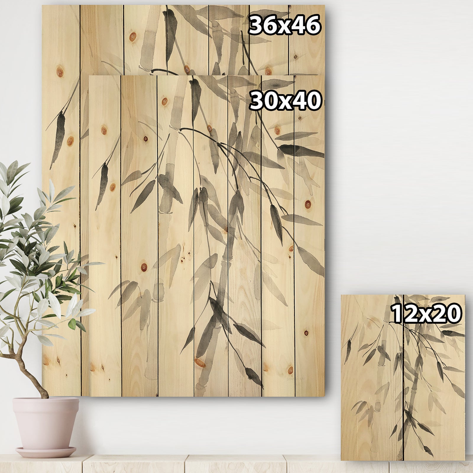 Simplist Bamboo Leaves V - Cabin & Lodge Print on Natural Pine Wood