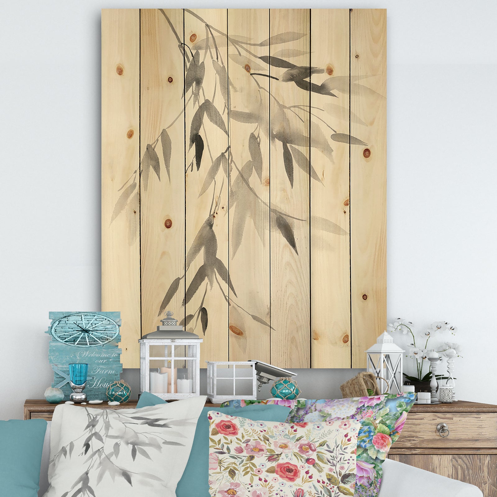 Simplist Bamboo Leaves IV - Cabin & Lodge Print on Natural Pine Wood