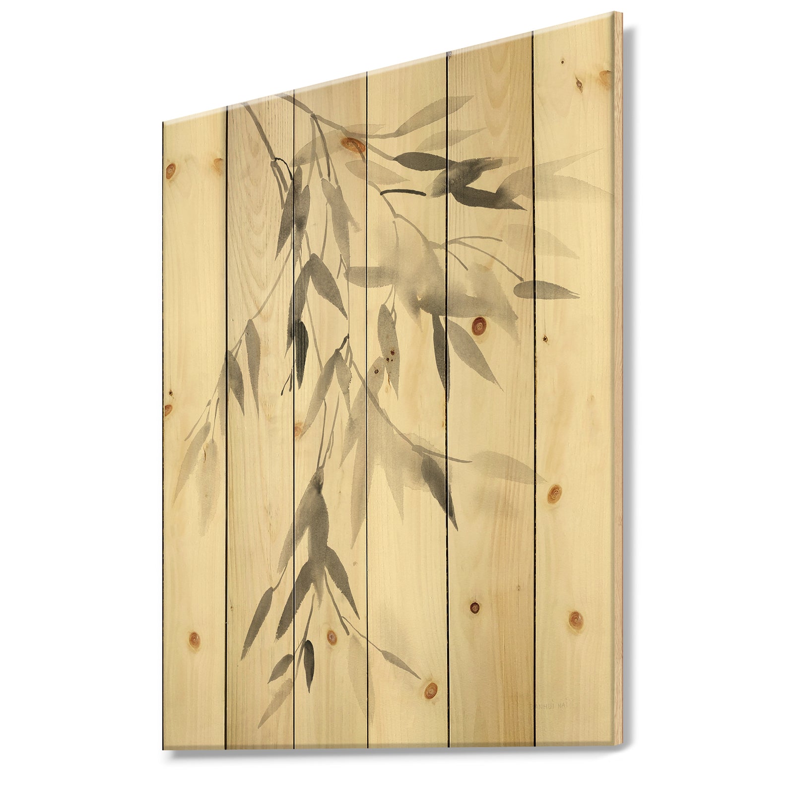 Simplist Bamboo Leaves IV - Cabin & Lodge Print on Natural Pine Wood