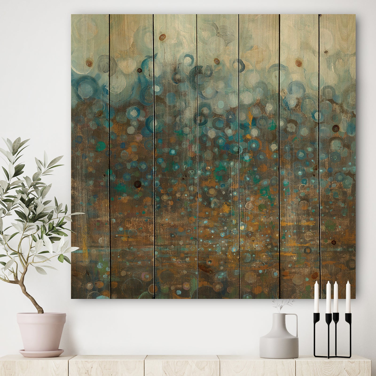 Blue and Bronze Dots - Modern & Contemporary Print on Natural Pine Wood