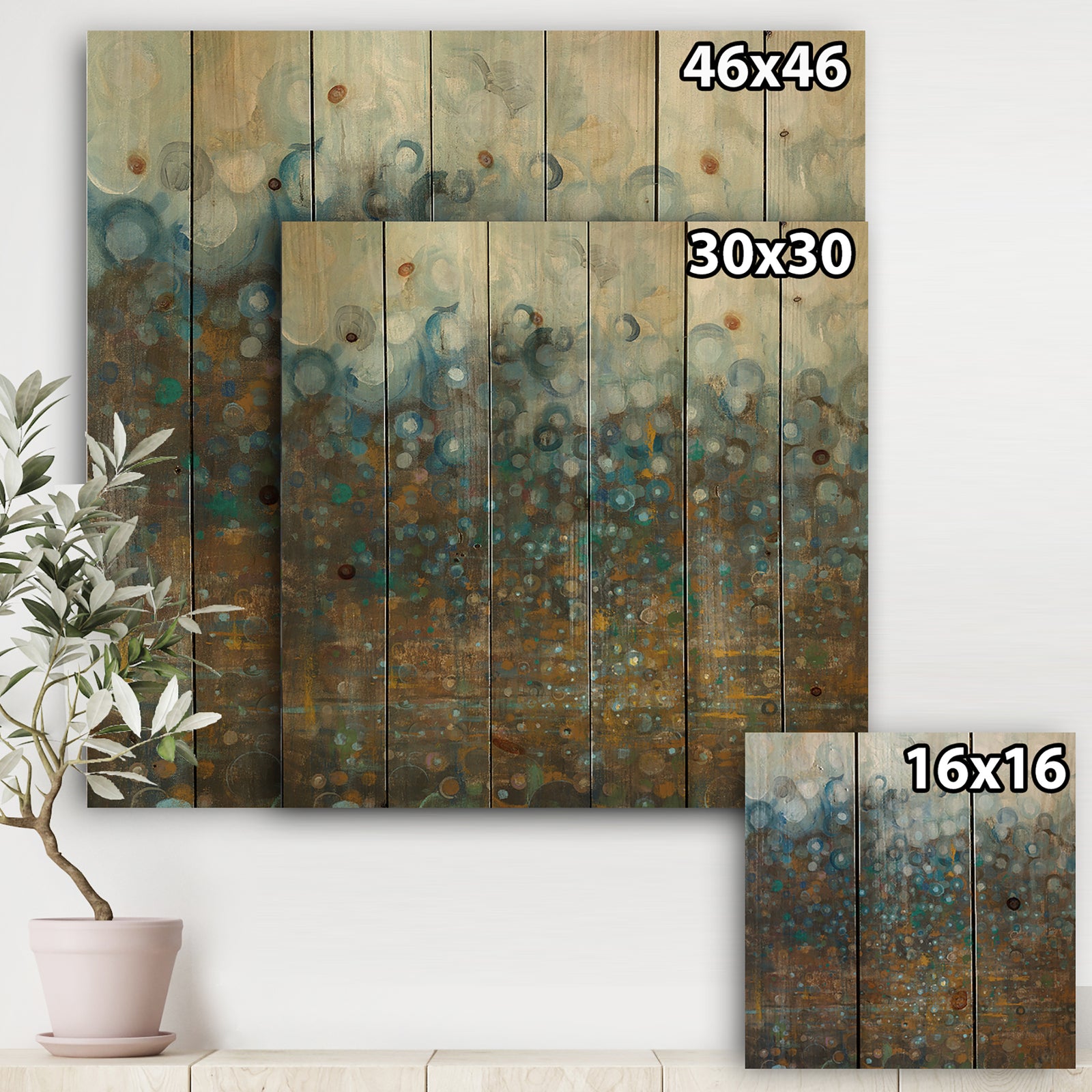 Blue and Bronze Dots - Modern & Contemporary Print on Natural Pine Wood