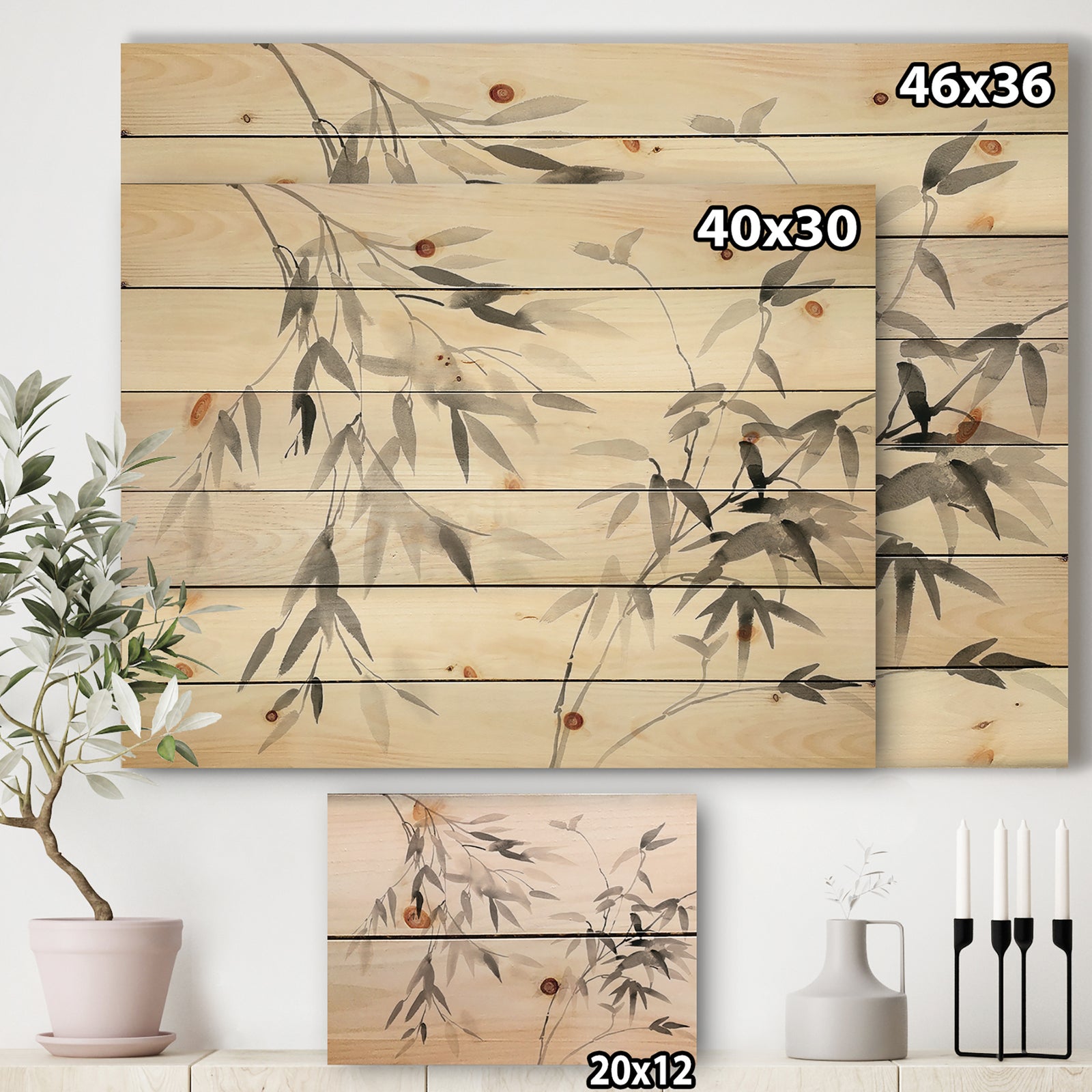Bamboo Leaves II - Farmhouse Print on Natural Pine Wood