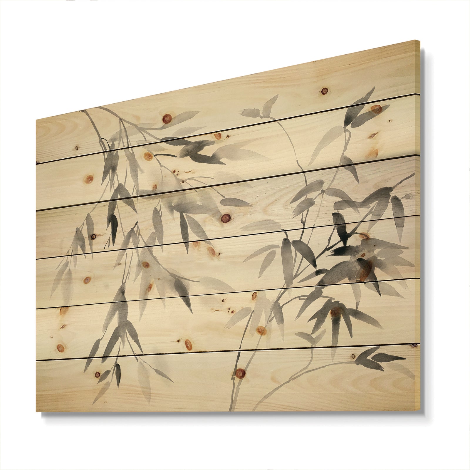 Bamboo Leaves II - Farmhouse Print on Natural Pine Wood