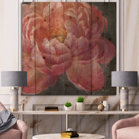 Vivid Pink Peonies I - Shabby Chic Print on Natural Pine Wood