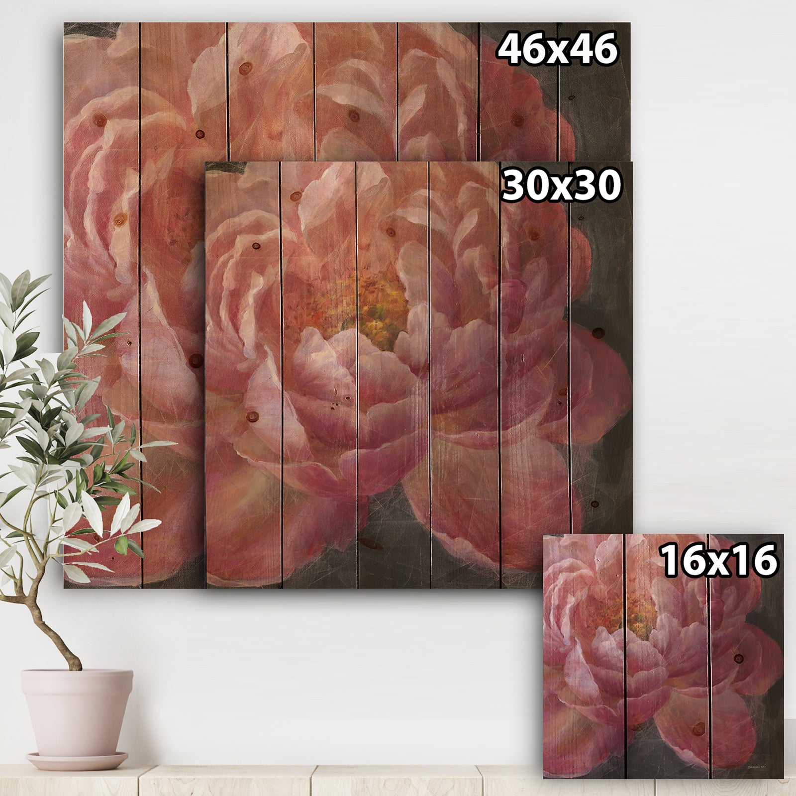 Vivid Pink Peonies I - Shabby Chic Print on Natural Pine Wood