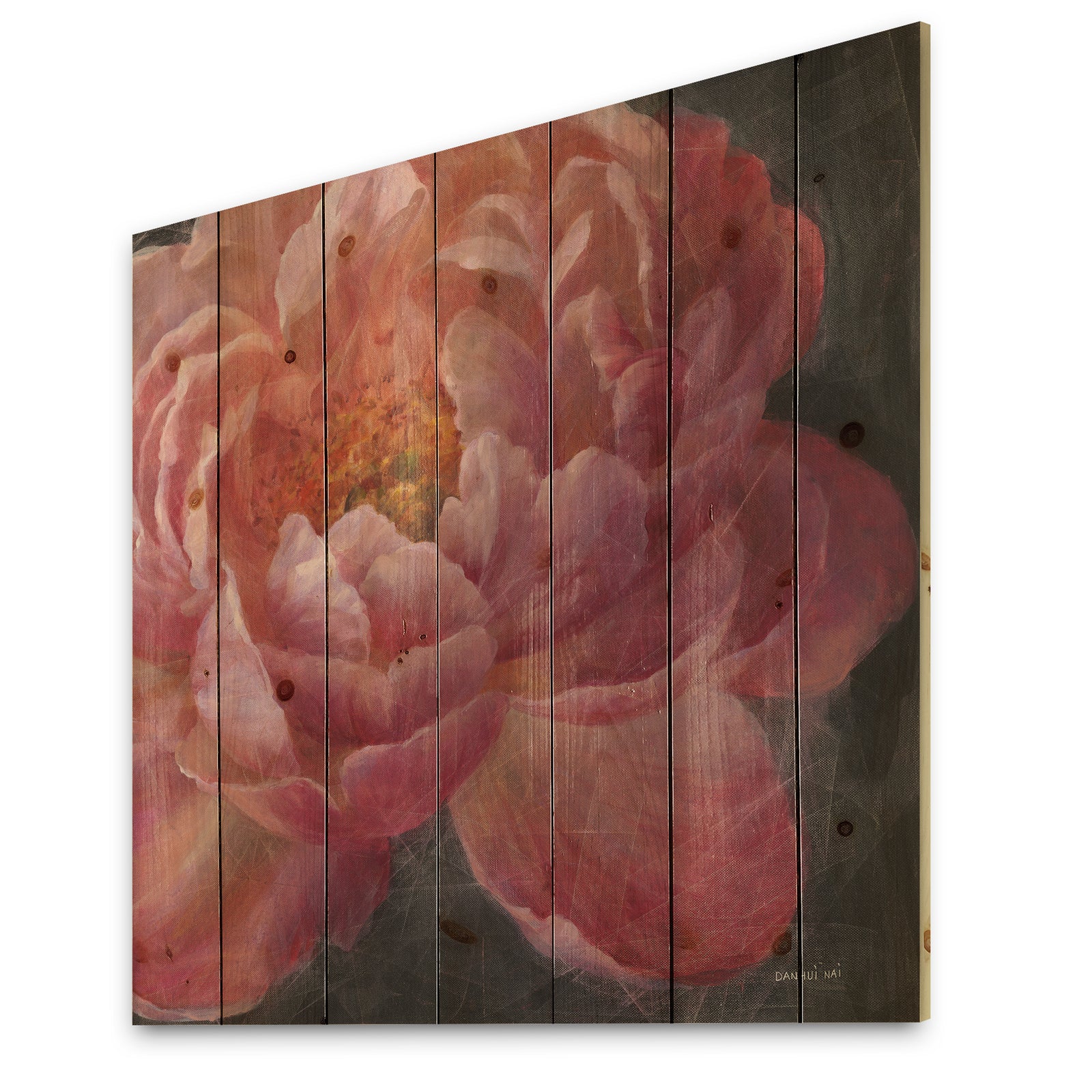 Vivid Pink Peonies I - Shabby Chic Print on Natural Pine Wood