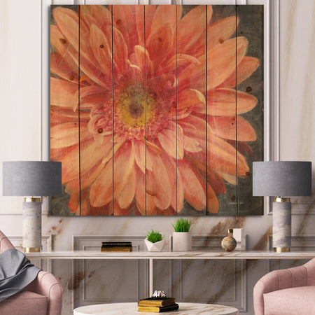 Vivid Orange Daisy II - Shabby Chic Print on Natural Pine Wood