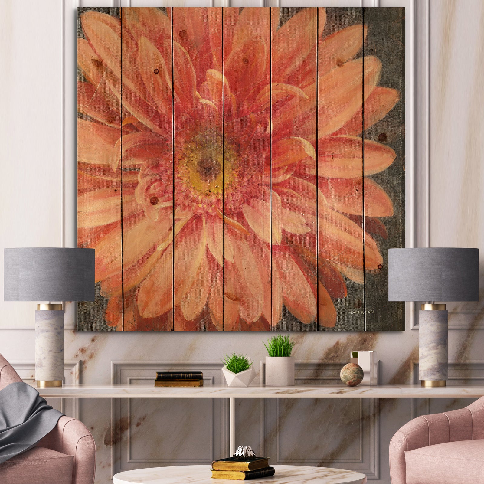 Vivid Orange Daisy II - Shabby Chic Print on Natural Pine Wood