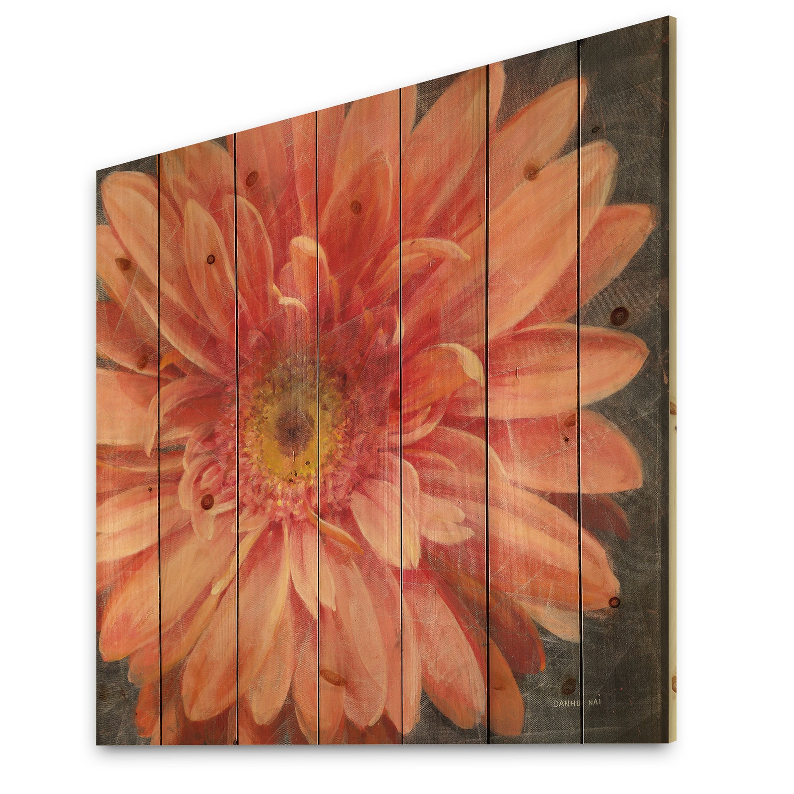 Vivid Orange Daisy II - Shabby Chic Print on Natural Pine Wood
