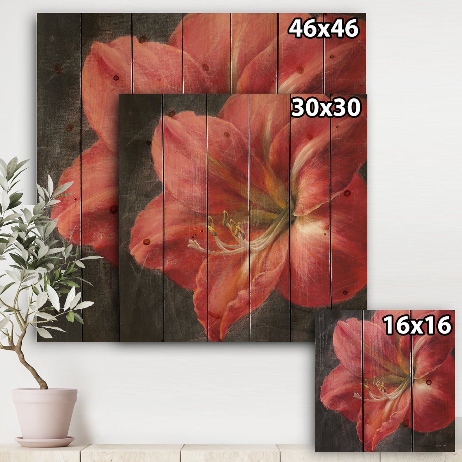 Vivid Red Lily III - Shabby Chic Print on Natural Pine Wood