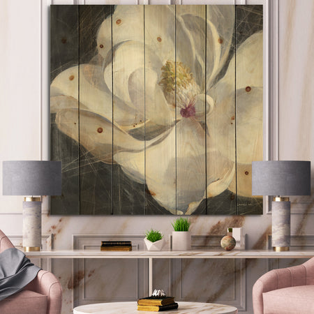 Vivid White Magnolia IV - Shabby Chic Print on Natural Pine Wood