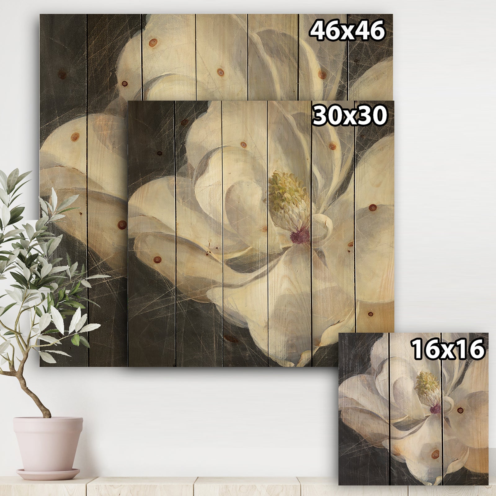 Vivid White Magnolia IV - Shabby Chic Print on Natural Pine Wood