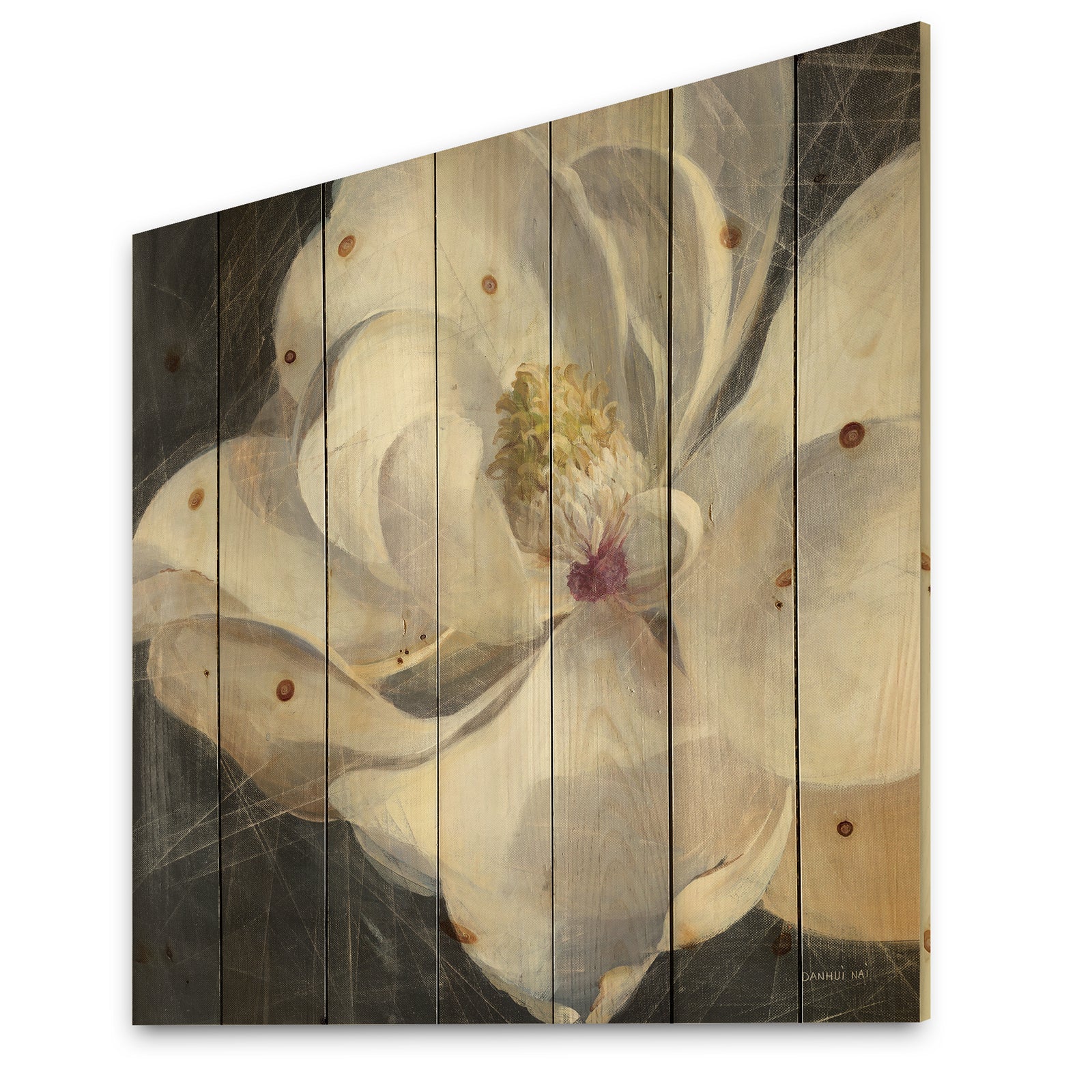 Vivid White Magnolia IV - Shabby Chic Print on Natural Pine Wood