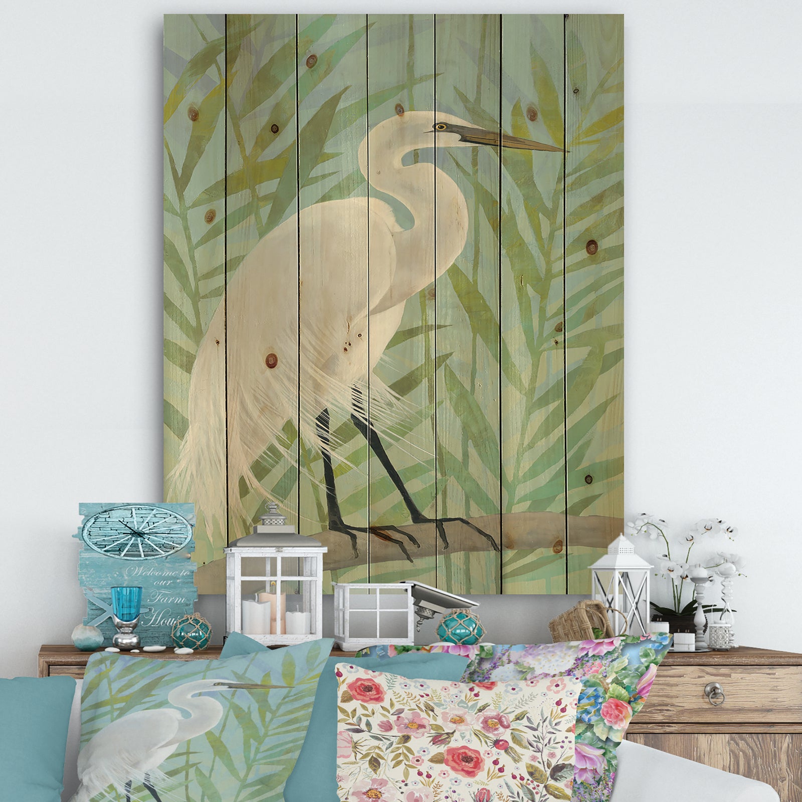 Heron by the Shore I - Modern Farmhouse Print on Natural Pine Wood